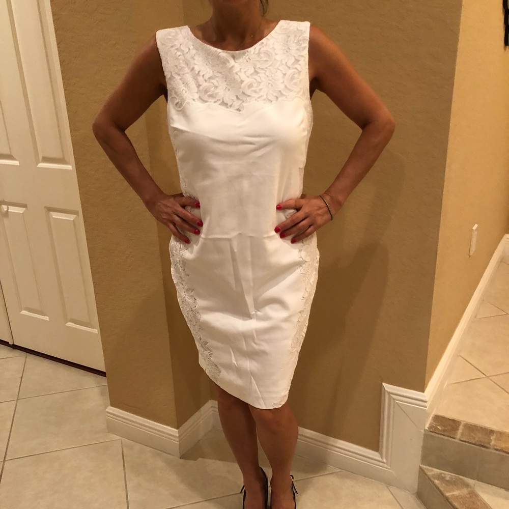 White Cache Cocktail Dress with Lace on Side